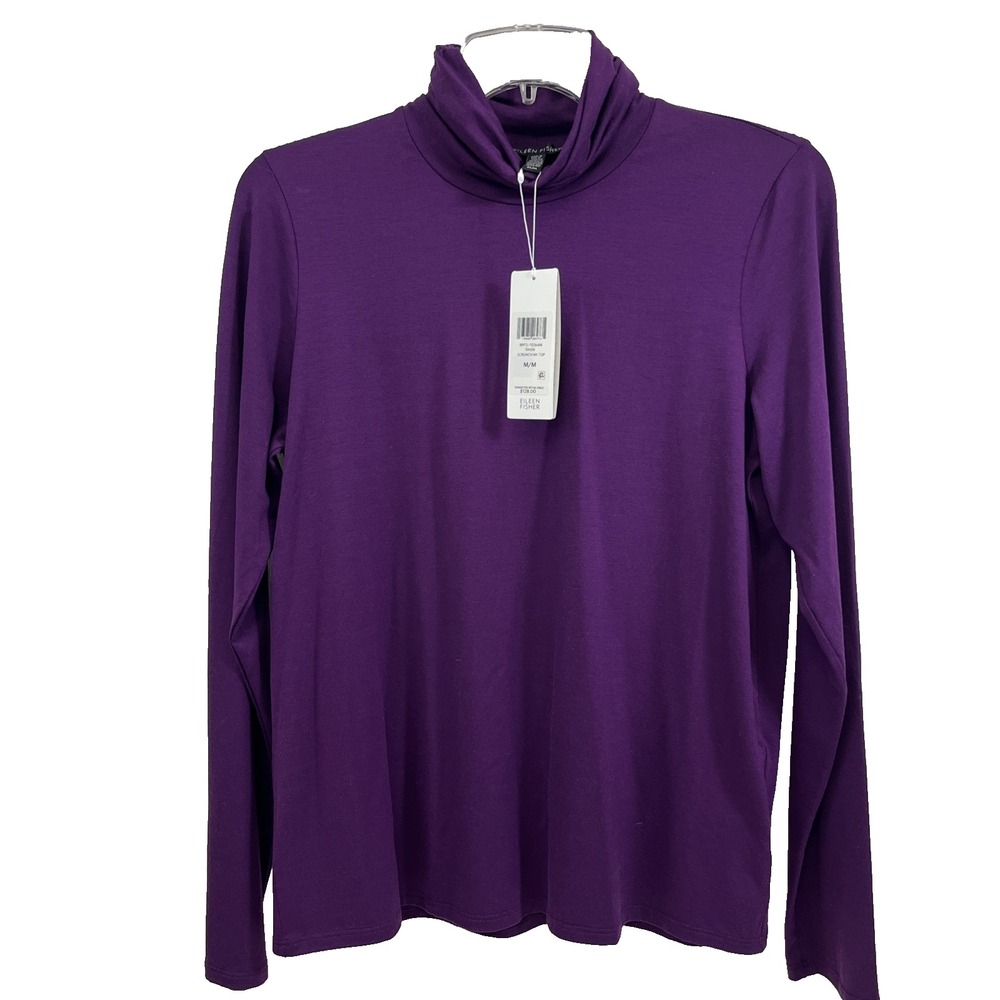 Eileen Fisher Raisn Scrunch Neck Top Size M Purple Turtleneck Long Sleeves $128